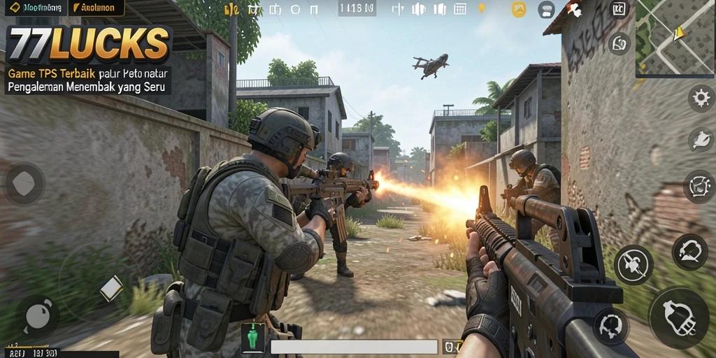 Screenshot gameplay mengasyikkan dari 77LUCKS menunjukkan aksi menembak yang intens.