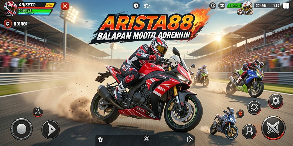 Screenshot ARISTA88 menampilkan balapan motor yang seru di lintasan yang menegangkan.
