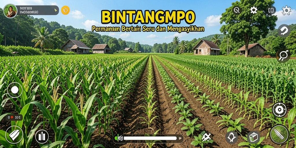 Tangkapan layar permainan BINTANGMPO menampilkan ladang yang subur dan berwarna-warni.