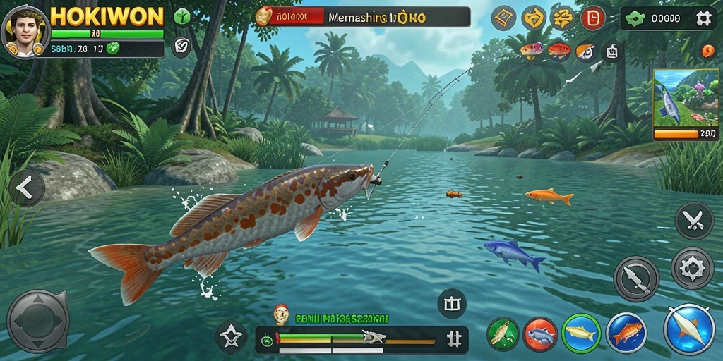 Gameplay HOKIWON menampilkan keindahan memancing di berbagai lokasi.