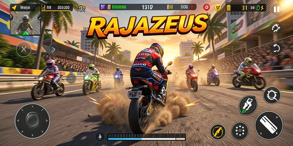 Screenshot gameplay RAJAZEUS saat balapan motor di lintasan.