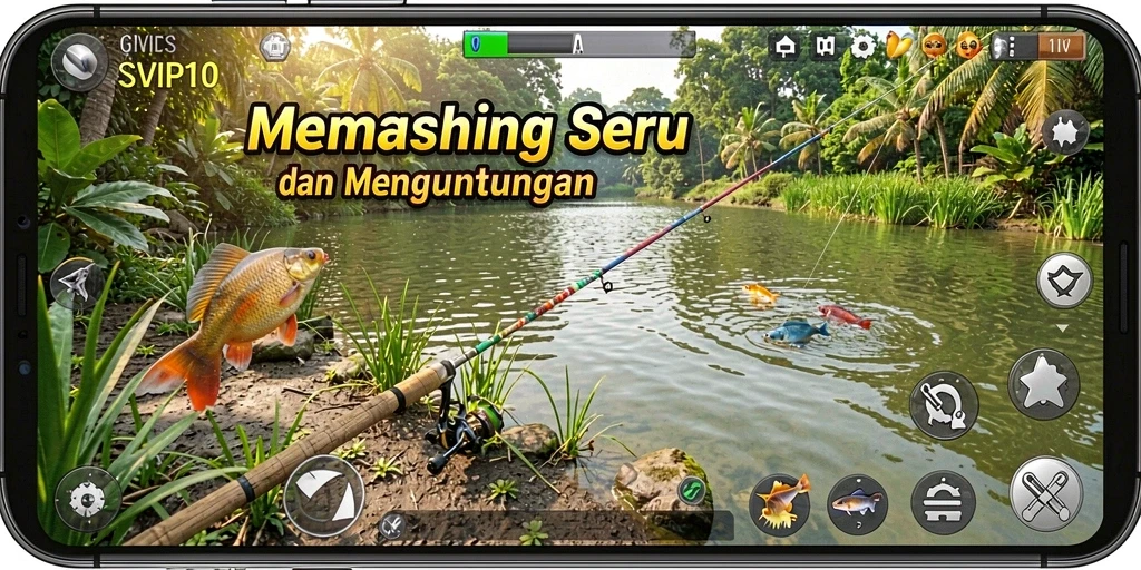 Screenshot gameplay SVIP10 dengan aksi memancing yang mendebarkan dan ikan yang berwarna-warni.