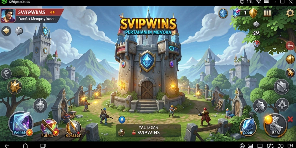 Screenshot gameplay SVIPWINS yang menunjukkan menara dan musuh menyerang.