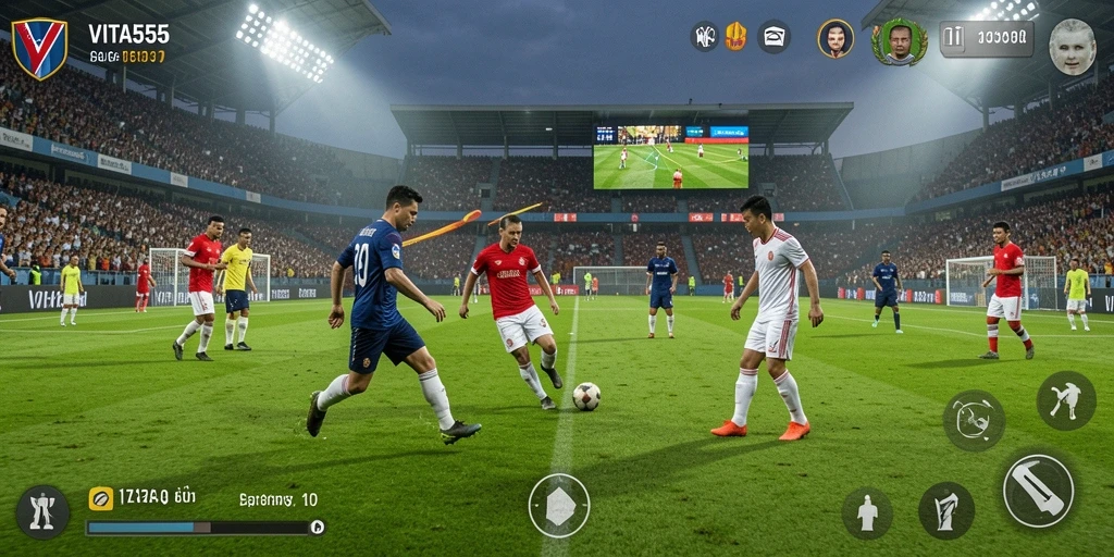 Tampilan gameplay VITA555 dengan aksi sepak bola yang mendebarkan.