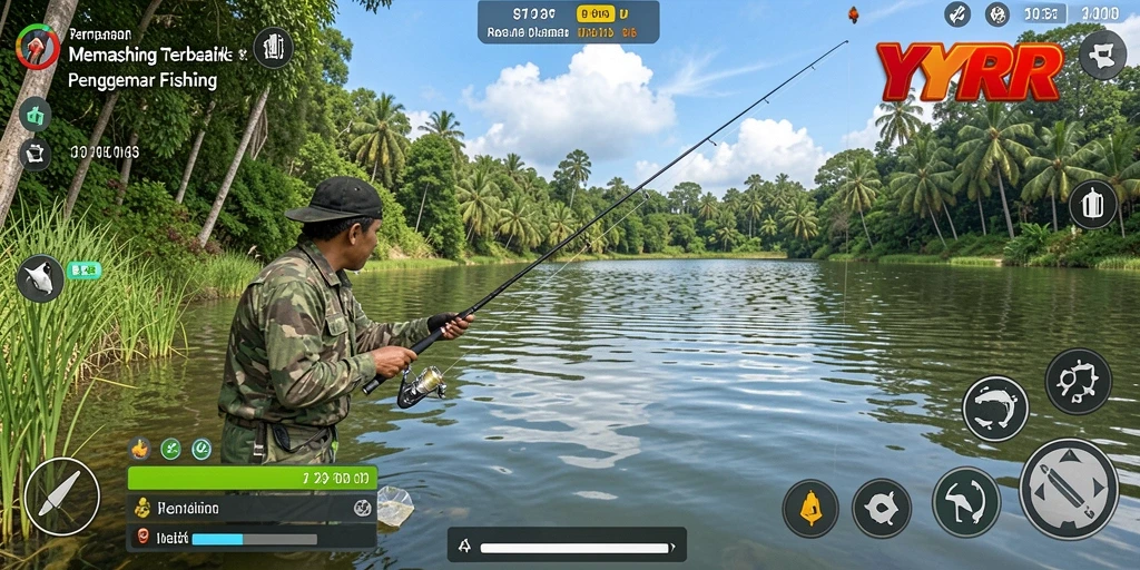 Tampilan gameplay YYRR dengan berbagai jenis ikan dan lokasi memancing.